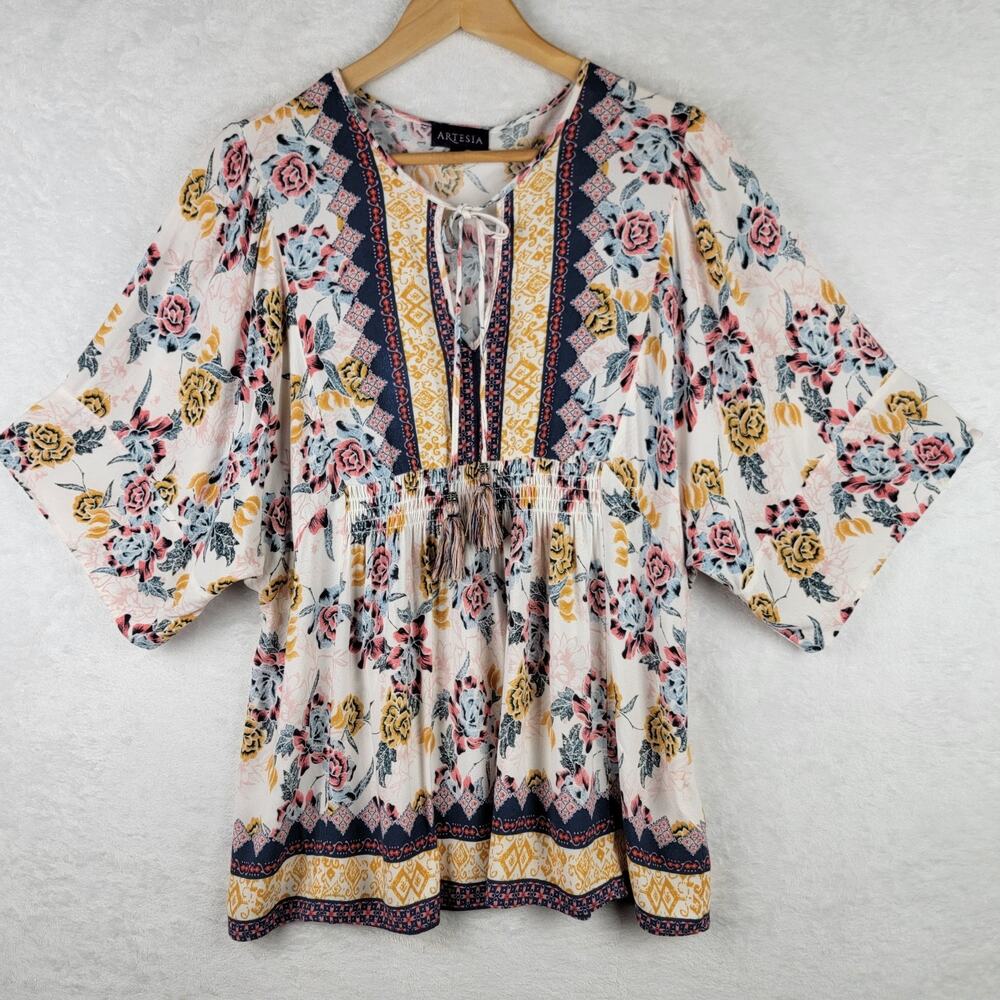 Women M Top Babydoll Tunic Kimono Sleeve Colorful Floral Festival Boho Gypsy